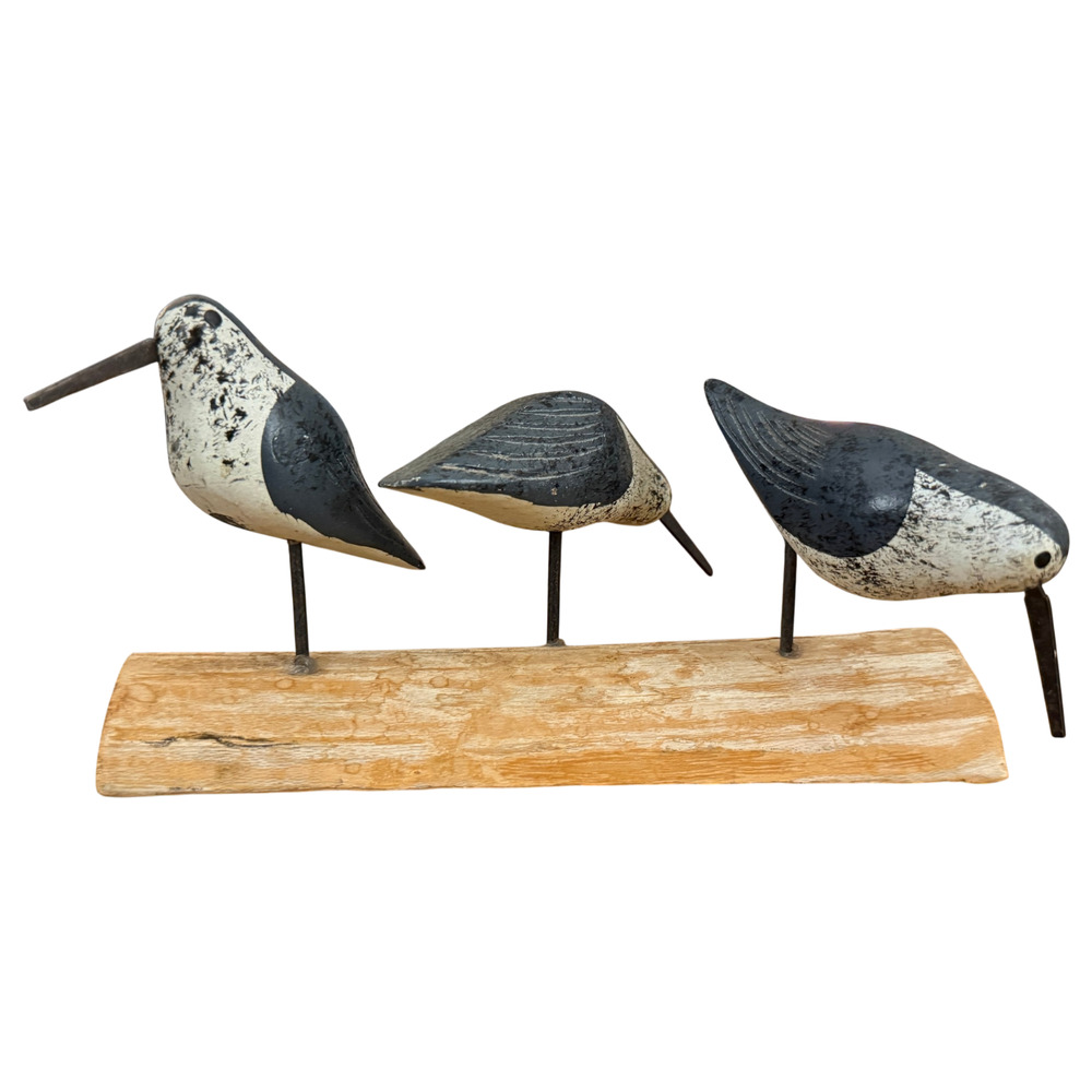 Shorebird Trio Sculpture on Wood Decorative Rustic Folk Art Nautical Beach Birds